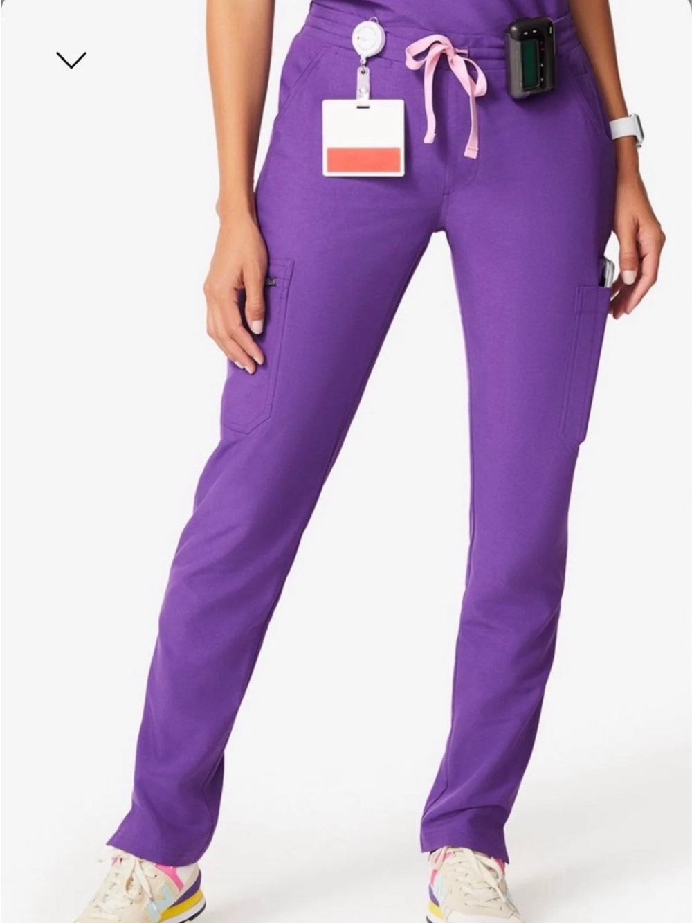 Figs Straight-Leg Cargo Scrub Pants in Purple with Pink Drawstring